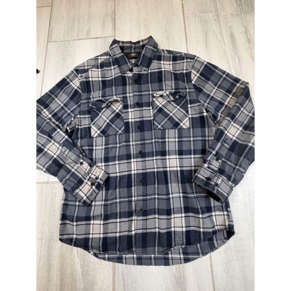 Harley-Davidson Mens Large Blue Grey Plaid Flannel Button Down Shirt Cotton L